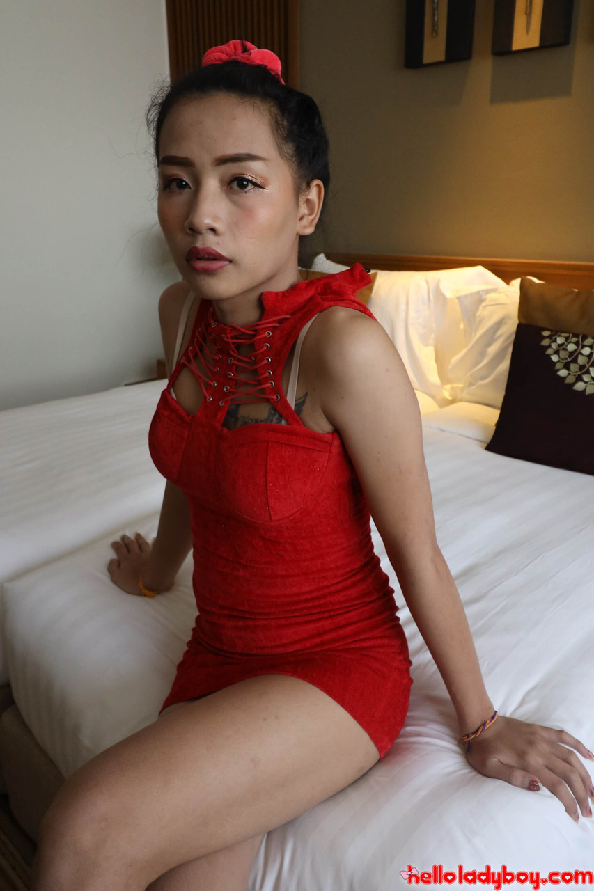 Petite Asian shemale in a red dress flashes her undies before sucking a dick  